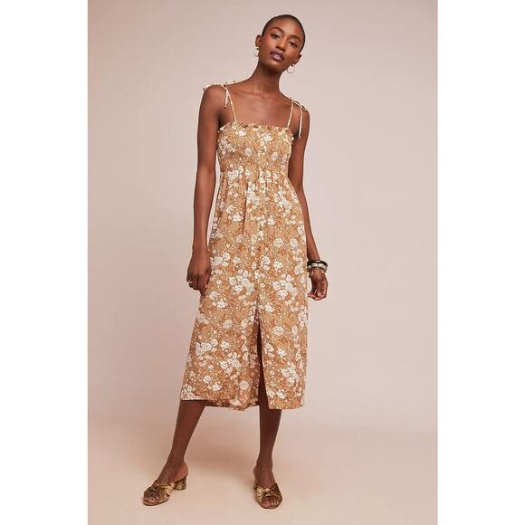 Faithfull the brand suki floral smocked tie shoulder dress brown‎ size xs/2 - Picture 2 of 11